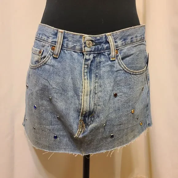 UO Urban Renewal Vintage Levi 505 Custom Denim Studded Skirt 34W Large